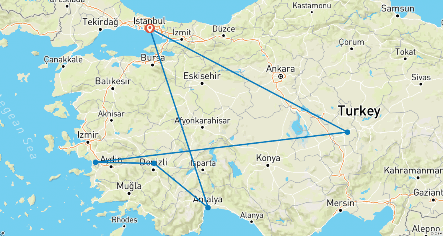 Mapa trasy: Najważniejsze Miejsca Turcji Samolotem – 9-dniowa Wycieczka