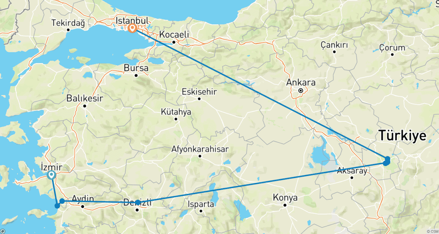 Mapa do percurso de Principais Destinos Turcos: Éfeso, Pamukkale, Capadócia, Istambul