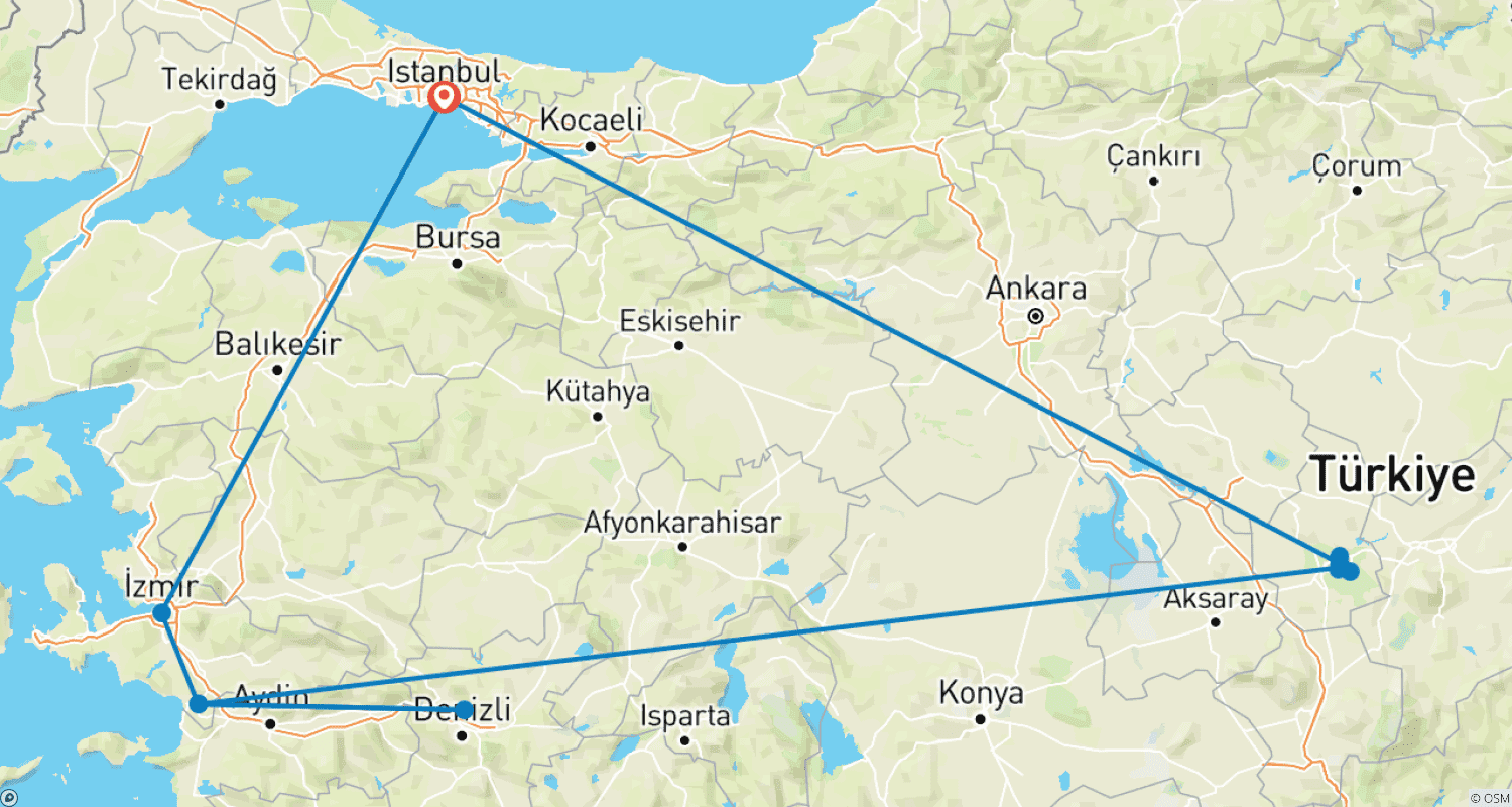 Mapa do percurso de Com Voos - Istambul Éfeso Pamukkale Capadócia - Excursão de 5 dias