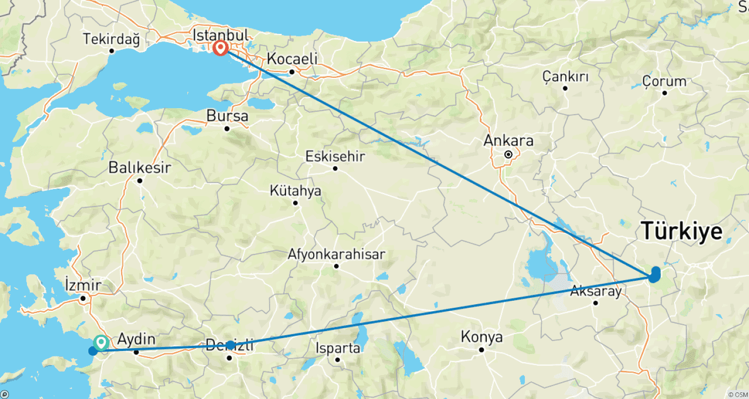 Mapa do percurso de Com Voos - Istambul Éfeso Pamukkale Capadócia - 6 dias