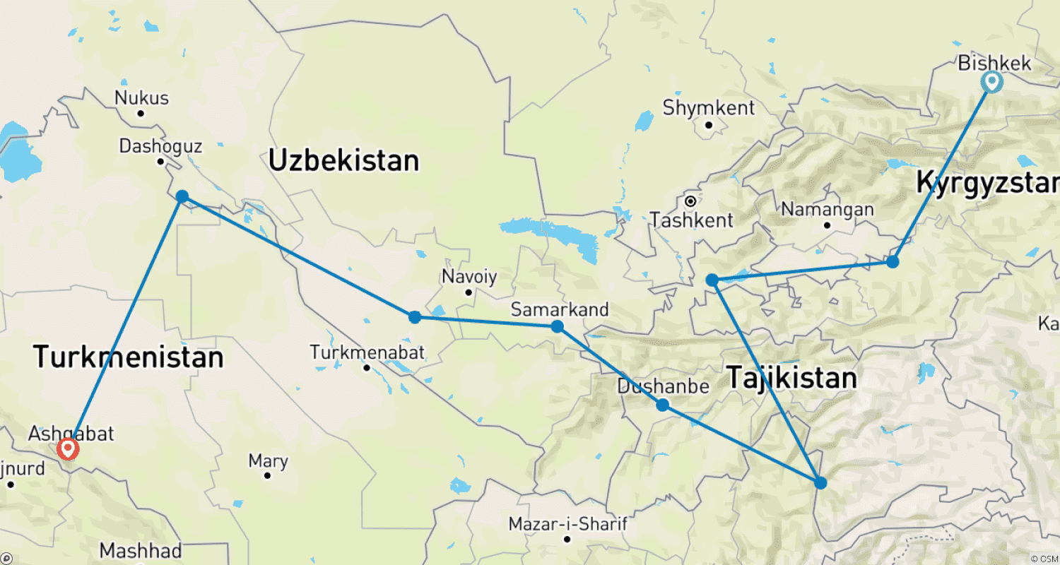 Mapa do percurso de De Bishkek a Ashgabat (31 Dias)