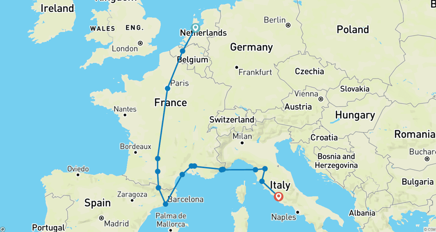 Mapa trasy: Amsterdam do Rzymu