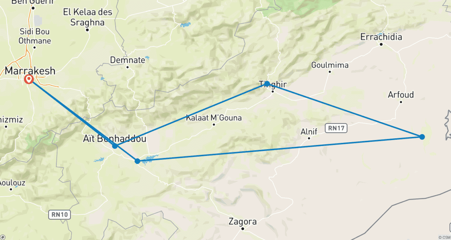 Mapa do percurso de Marraquexe e Saara - Tour Privado - 8 Dias