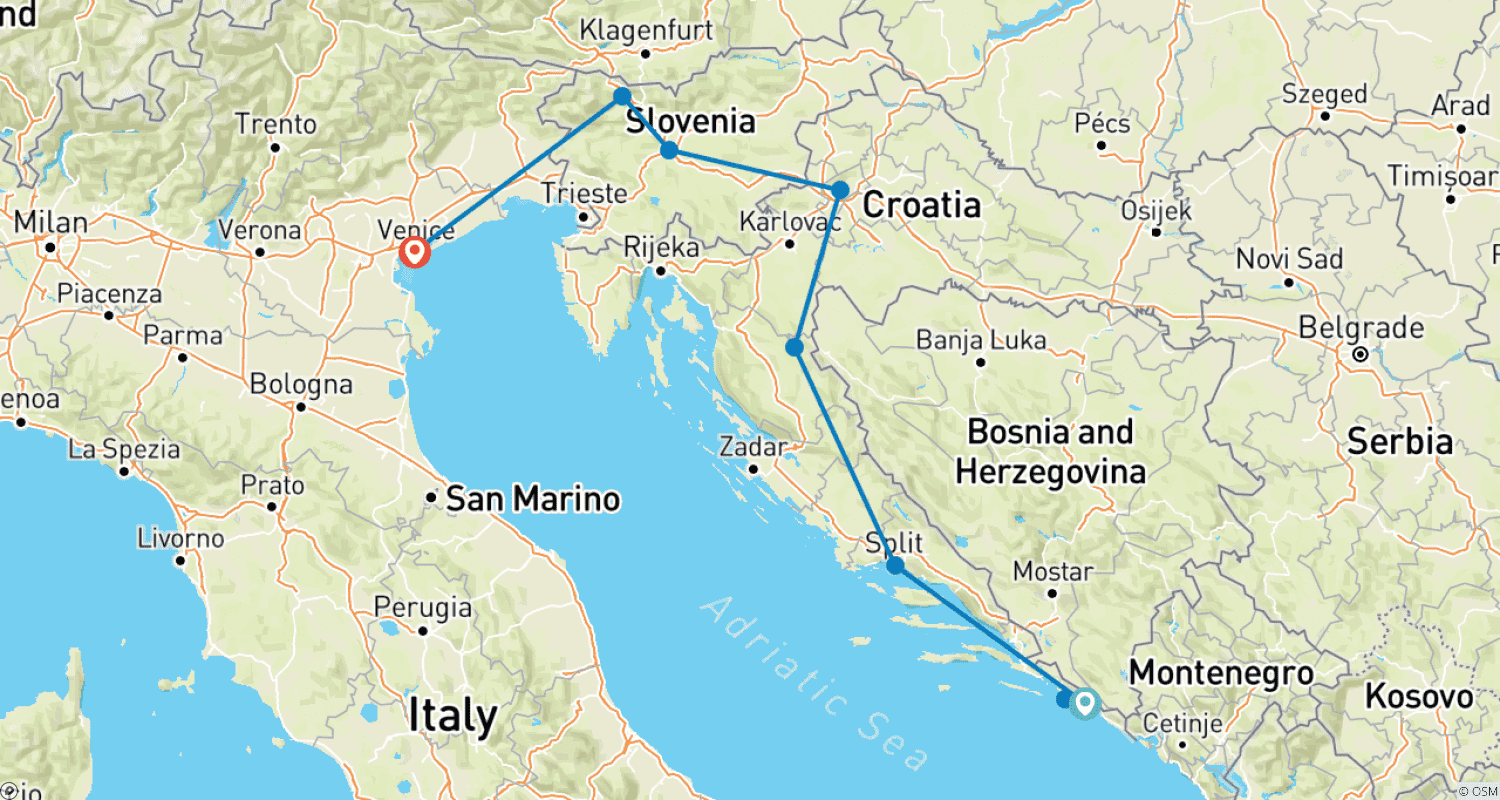 Mapa do percurso de De Dubrovnik a Veneza