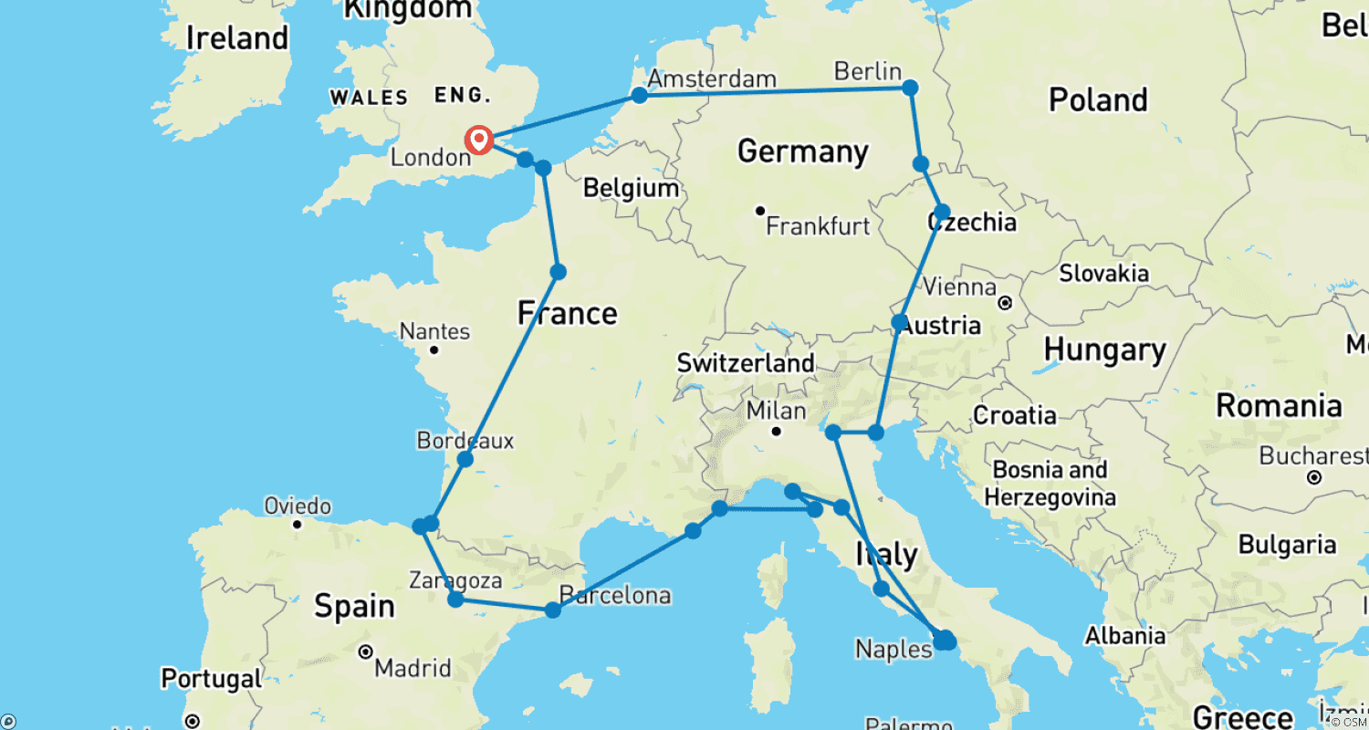 Mapa do percurso de Jornada Europeia (Padrão, Inverno (Até Mar '27), Início em Londres, Clássico)