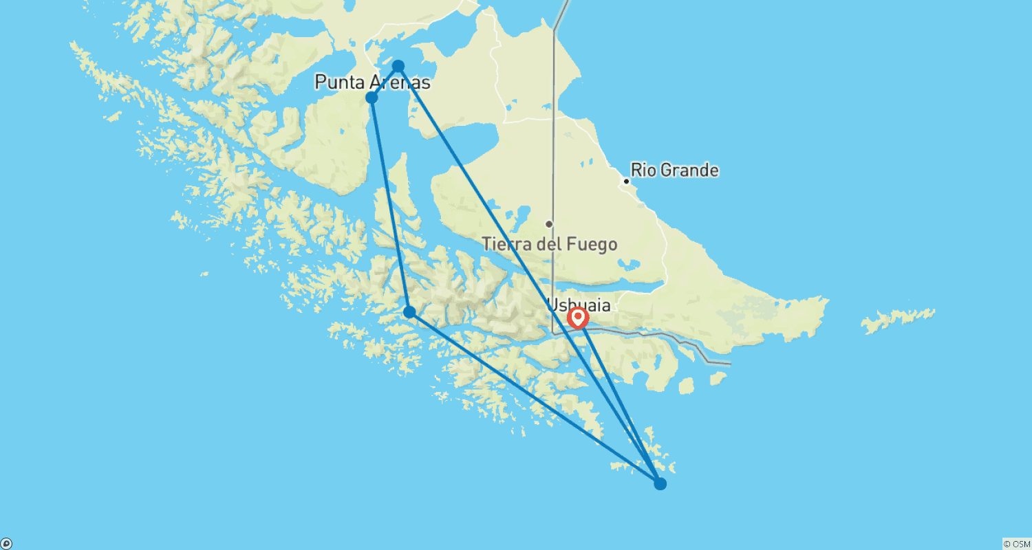 Mapa do percurso de Rota de Darwin a partir de Ushuaia (8 Noites)
