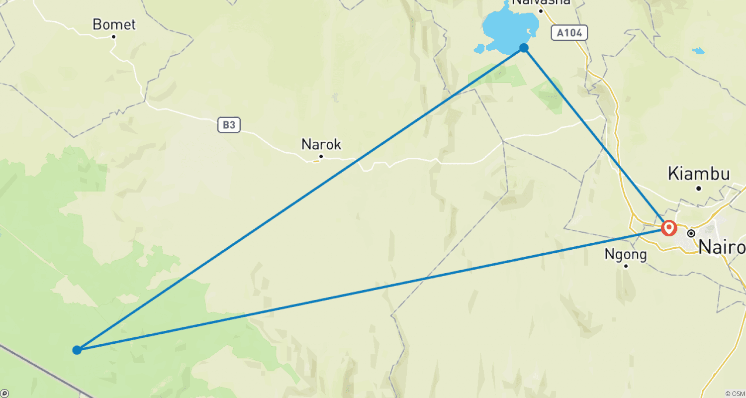 Mapa do percurso de Curto safári no Quênia, com safáris fotográficos no Masai Mara