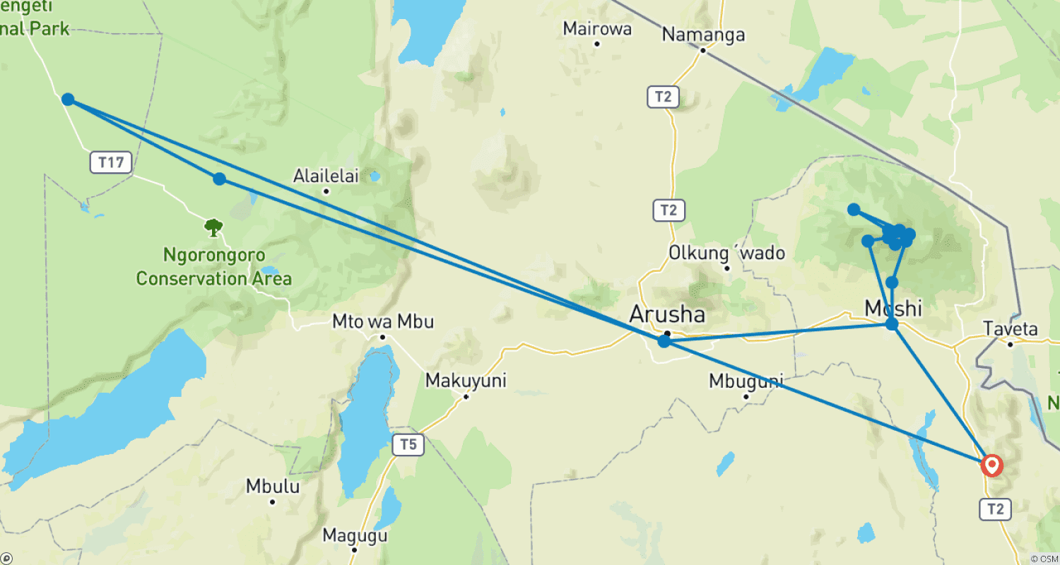 Mapa do percurso de Trek e Safári no Kili