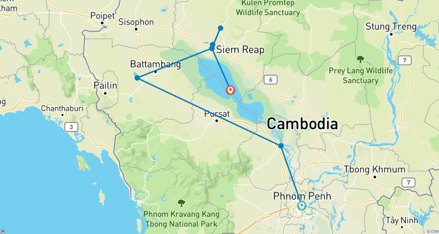 Mapa do percurso de Férias em Família no Camboja