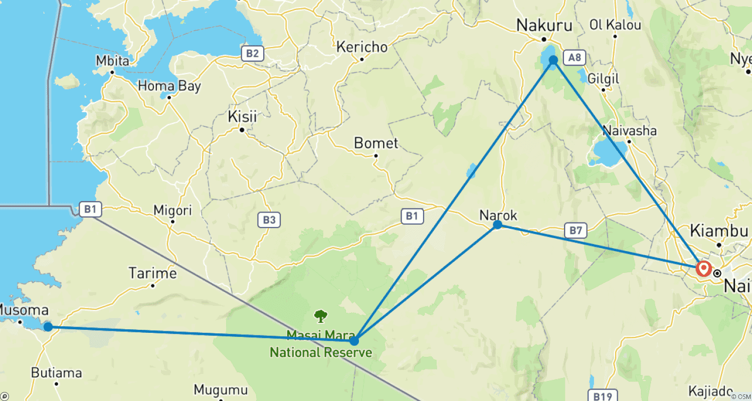 Mapa trasy: Interaktywne safari Masai Mara i Jezioro Nakuru 4D/3N