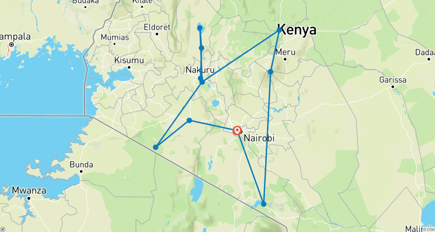 Mapa do percurso de Safari Lagos e Montanhas 10D/9N (Masai Mara, Lago Nakuru e Baringo, Samburu, Amboseli)