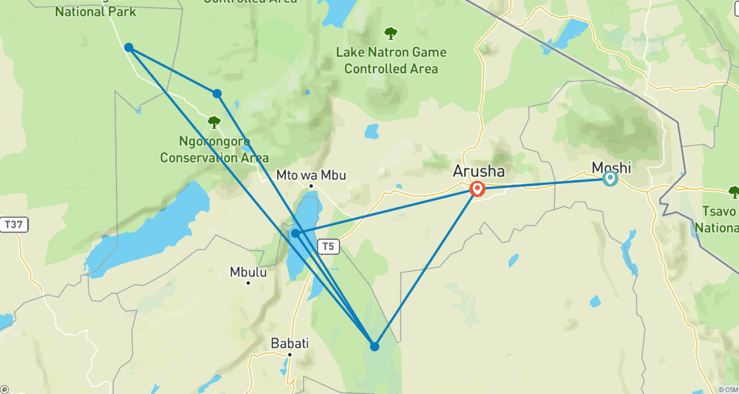 Mapa do percurso de Destaques do Safári na Tanzânia 6 Dias/5 Noites (Tarangire, Serengeti e Ngorongoro)