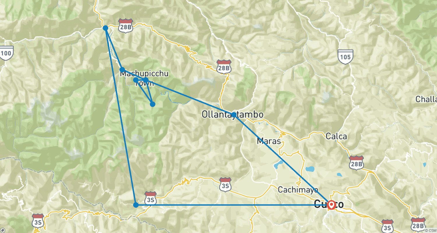 Mapa do percurso de Trilha Salkantay para Machu Picchu 4D/3N