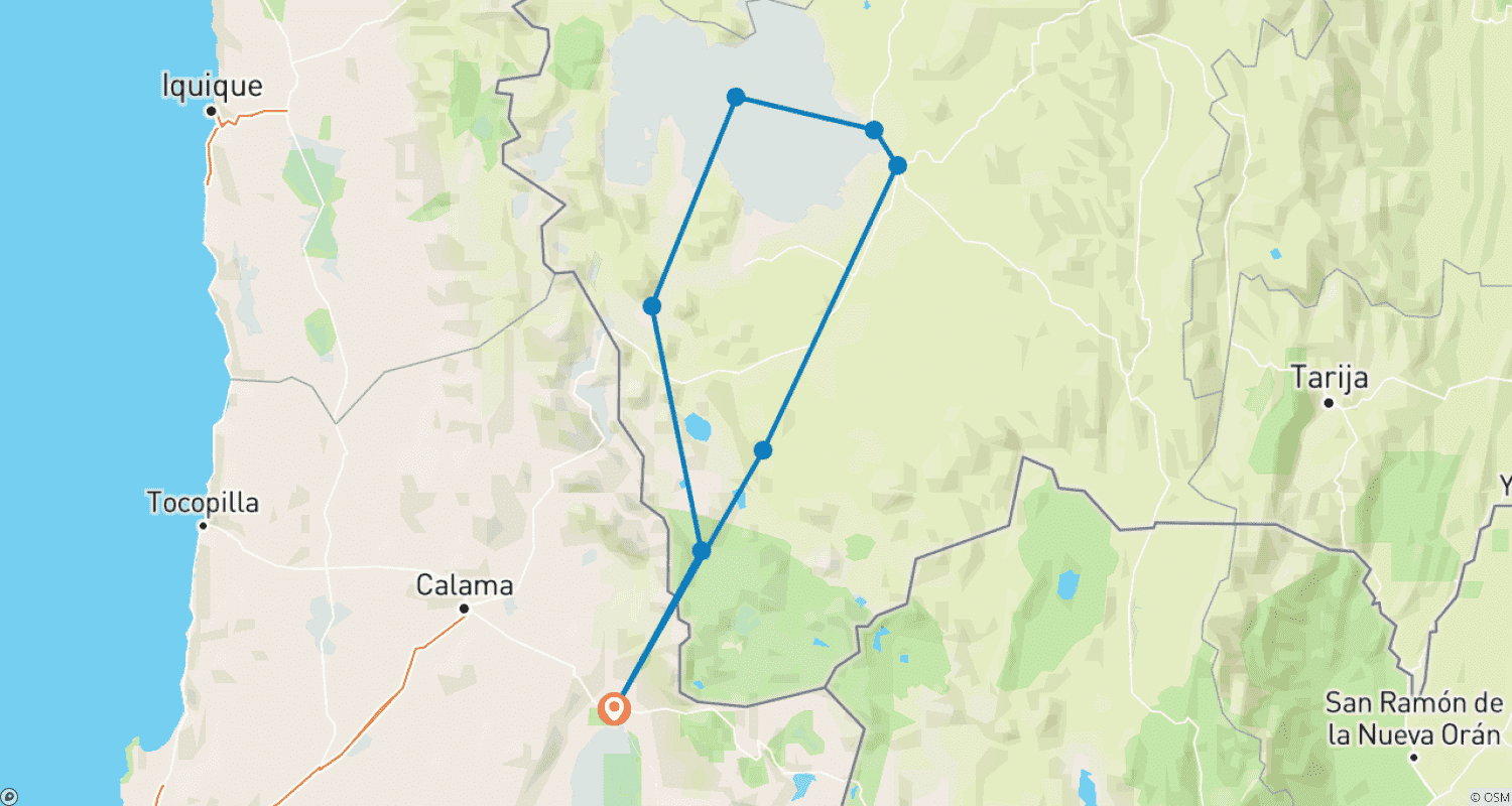 Mapa do percurso de Aventura no Salar de Uyuni e Deserto 4 Dias/3 Noites (Atacama a Atacama)
