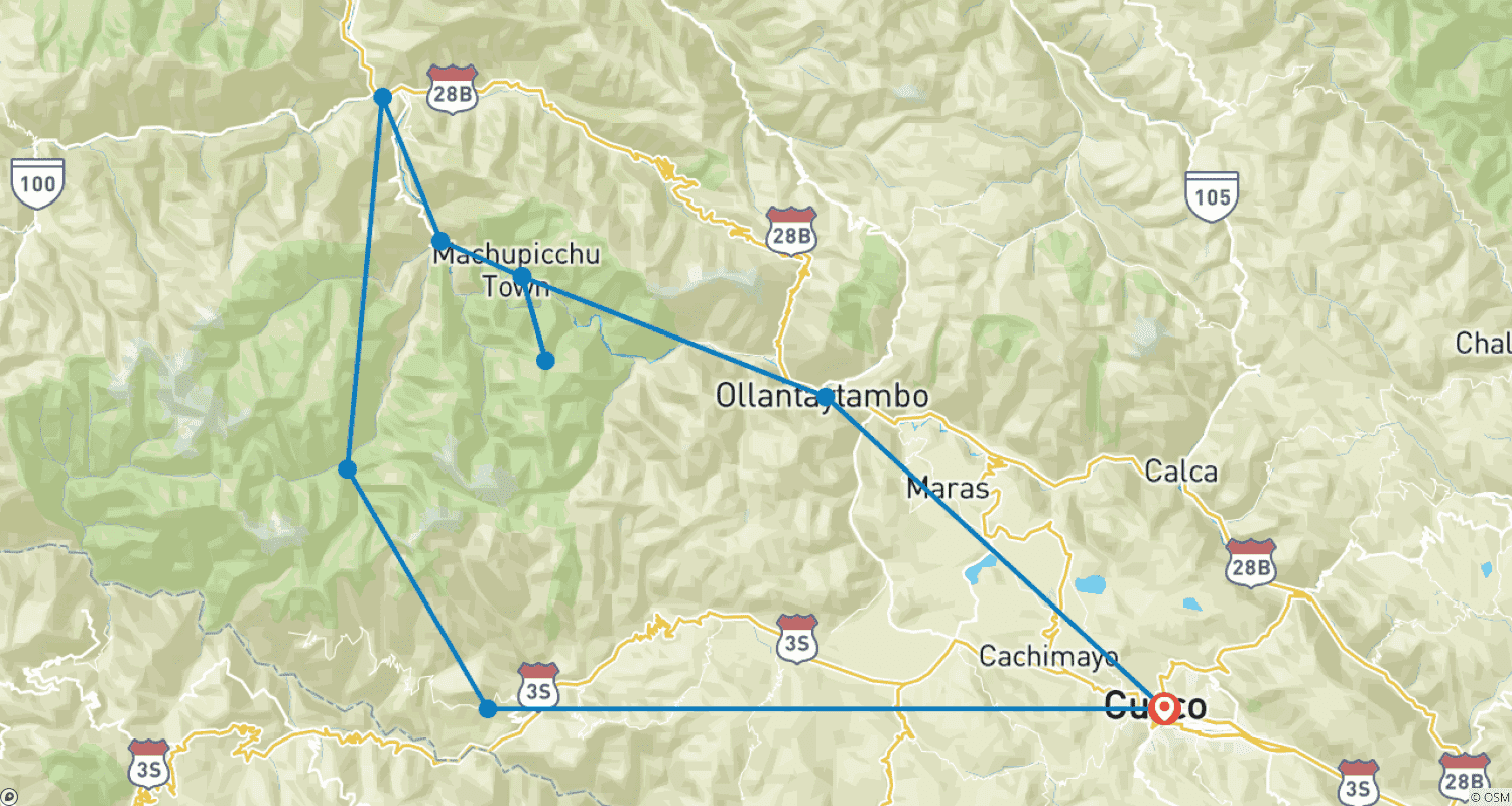 Mapa do percurso de Trilha Salkantay para Machu Picchu 6D/5N