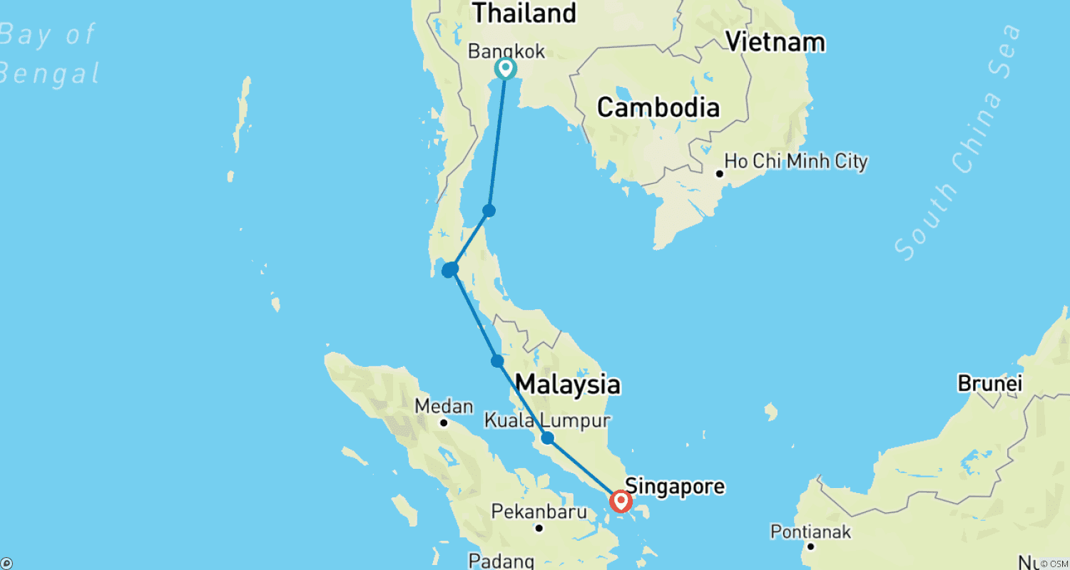 Mapa do percurso de Passe de Viagem Expresso de Bangkok para Singapura