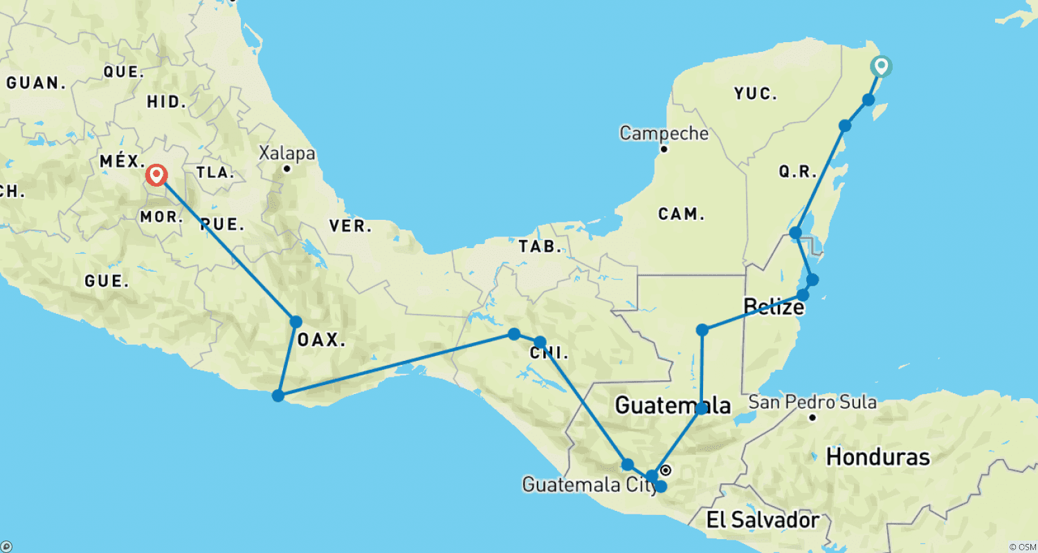 Mapa do percurso de Passe de Viagem de Cancún para a Cidade do México (via Belize e Guatemala)