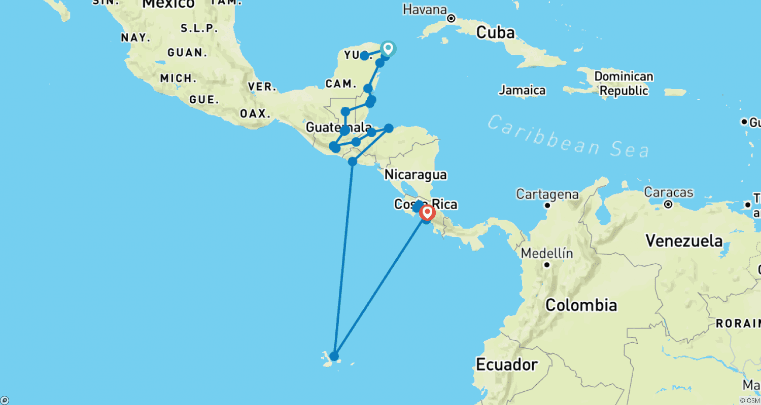 Mapa trasy: Karta Podróżna z Cancun do San Jose