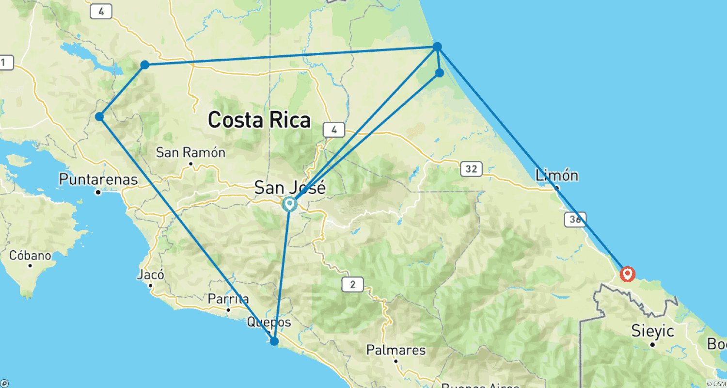 Mapa do percurso de Passe de Viagem Circuito Costa Rica