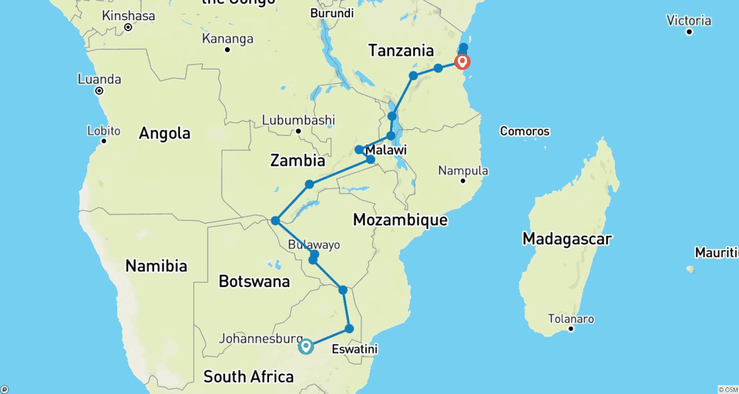 Mapa do percurso de 23 dias: Kruger, Victoria Falls & Zanzibar (Acampamento)