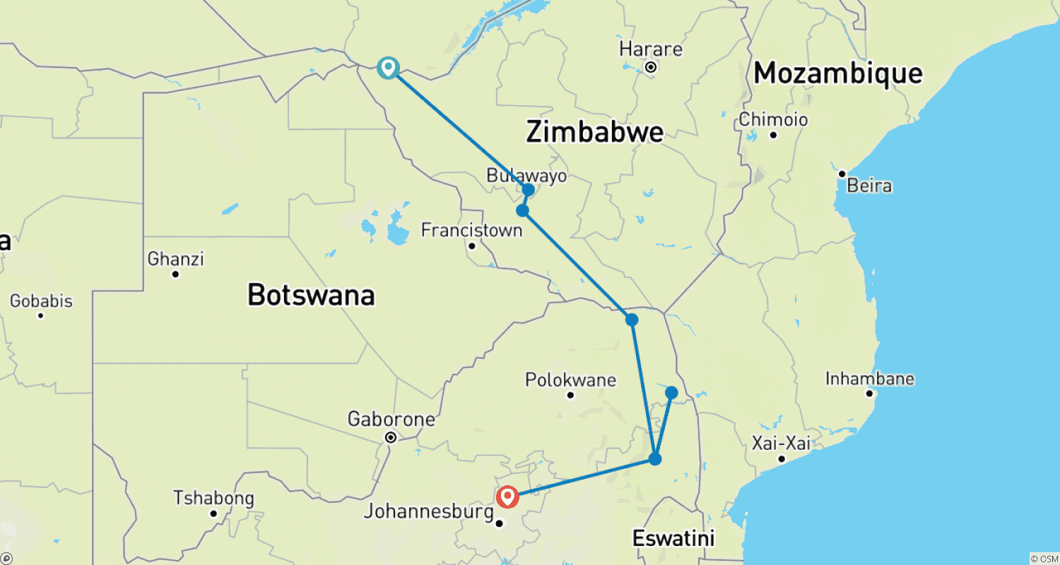 Mapa do percurso de 7 dias: Cataratas Vitória a Kruger (Acampamento)