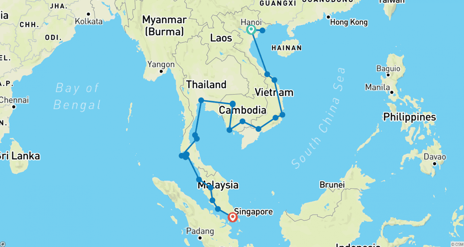 Mapa do percurso de Passe de Viagem de Hanói a Singapura