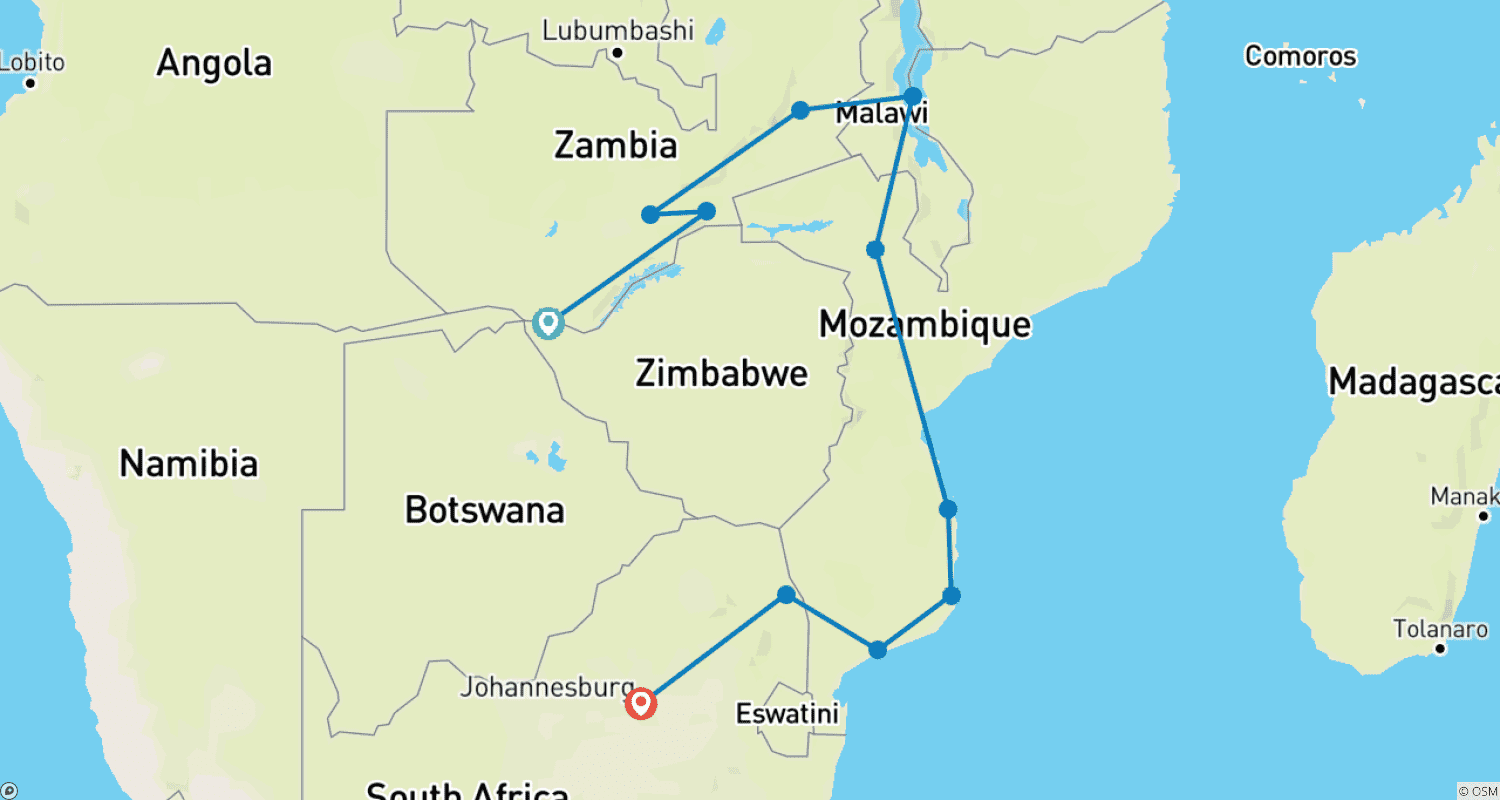 Mapa do percurso de Zâmbia, Malaui e Moçambique