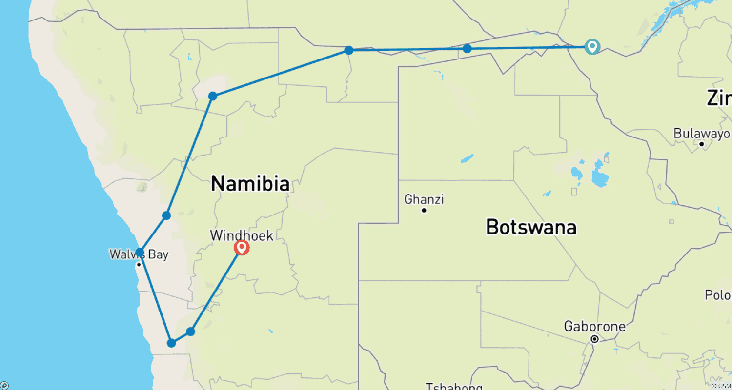 Mapa trasy: Namibia: Wodospady Wiktorii do Windhoek
