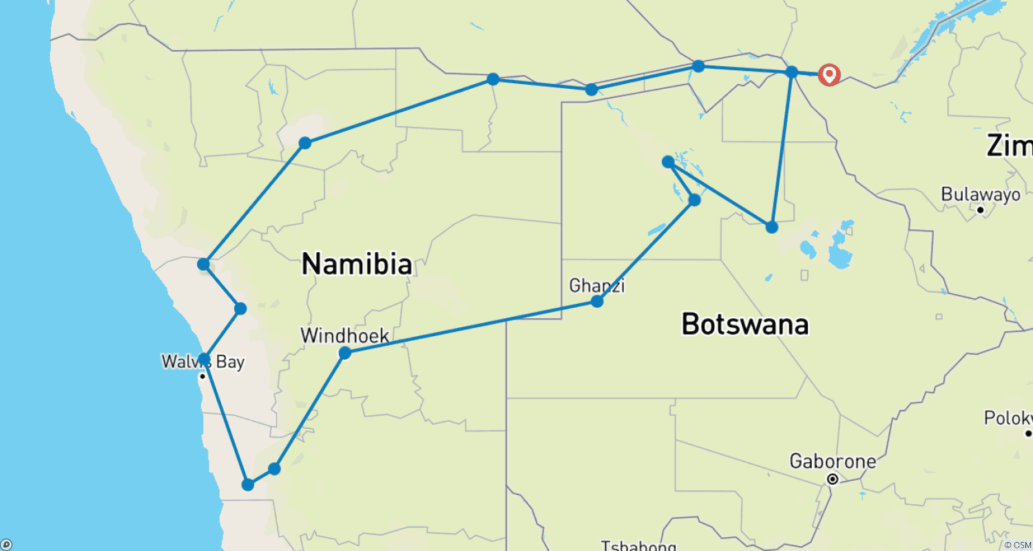 Mapa trasy: Namibia Botswana Pustynia i Delta