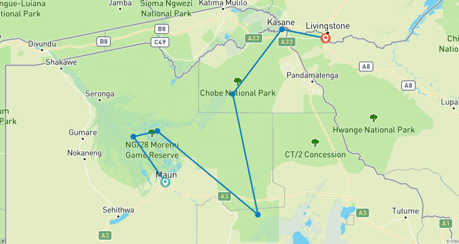 Mapa trasy: Dzikie Parki Botswany (Początek w Maun)