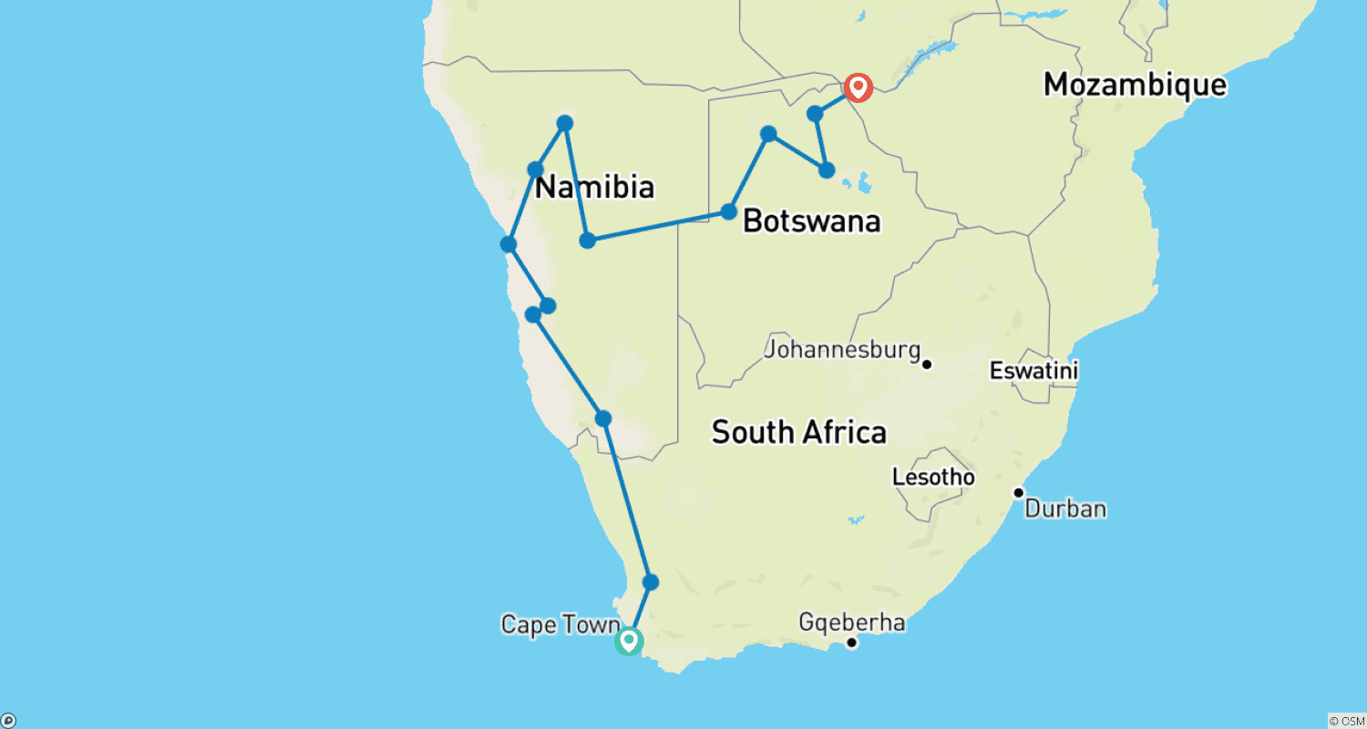 Mapa do percurso de Cape to Vic Falls Grand Explorer