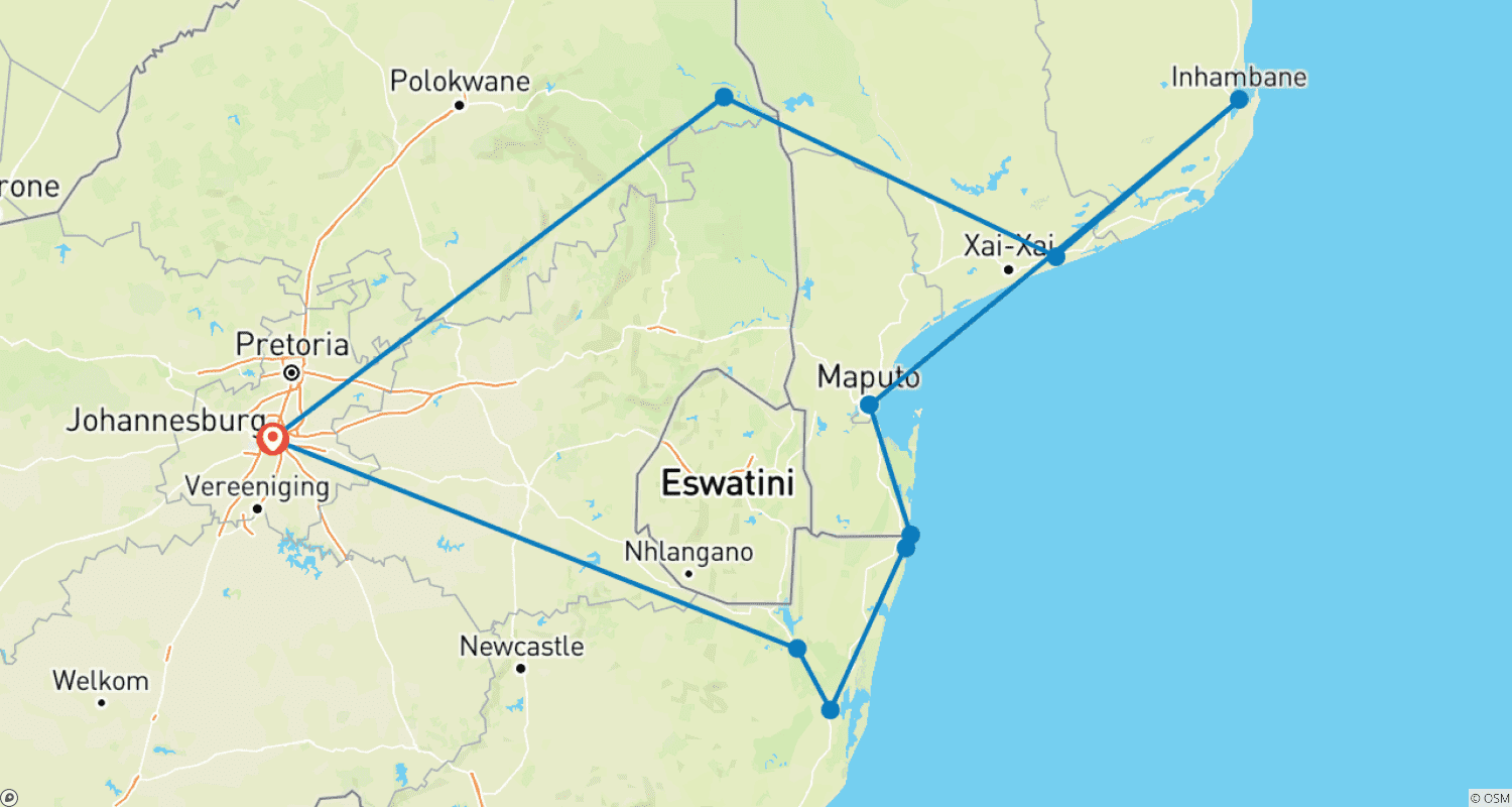 Mapa do percurso de África do Sul Moçambique Praia e Savana