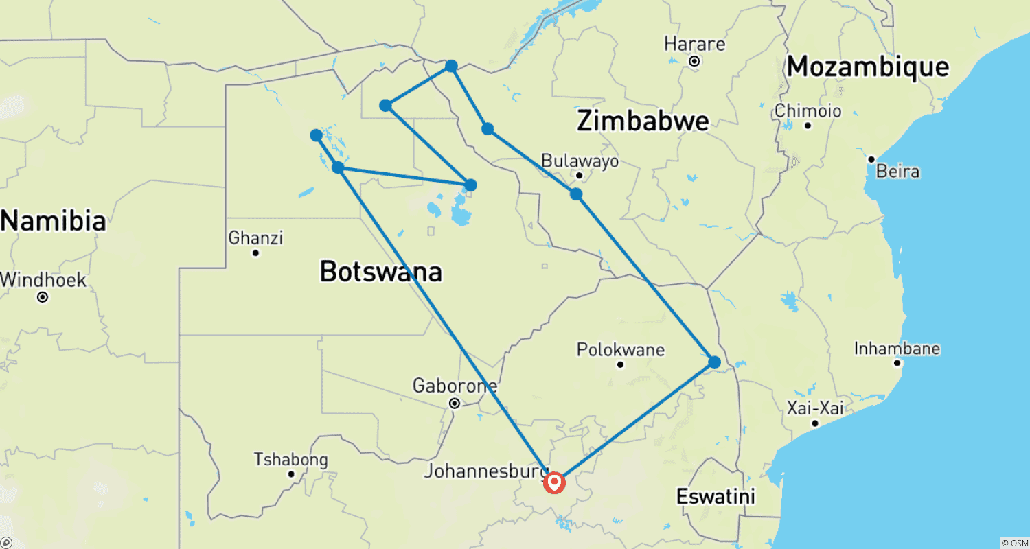 Mapa do percurso de Rastreador de Vida Selvagem no Zimbábue e Botsuana