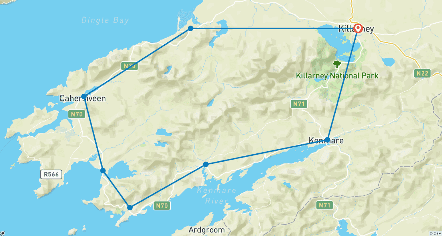 Mapa do percurso de The Kerry Way - Irlanda Autoguiada 11 Dias