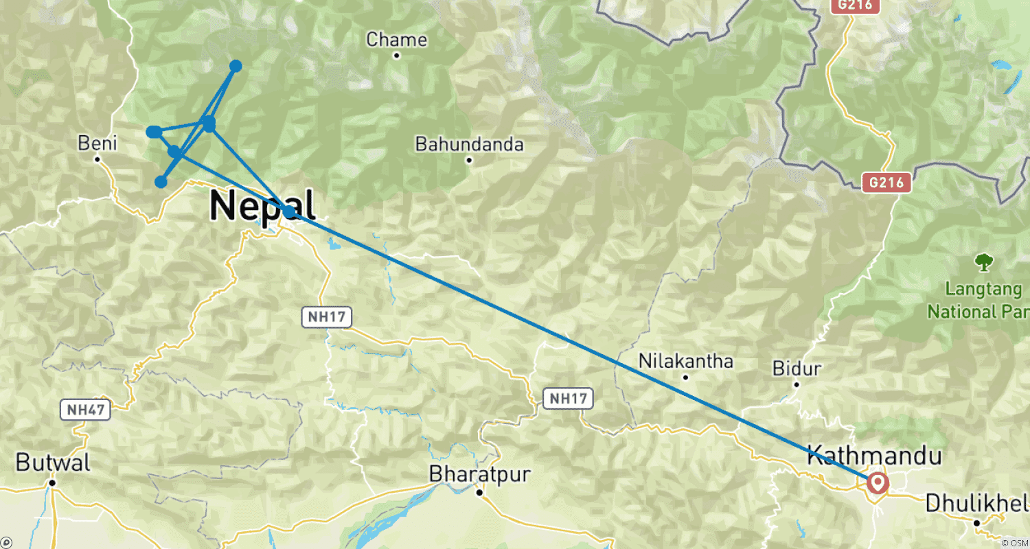 Mapa do percurso de Annapurna Base Camp Trek: Aventura de 14 Dias