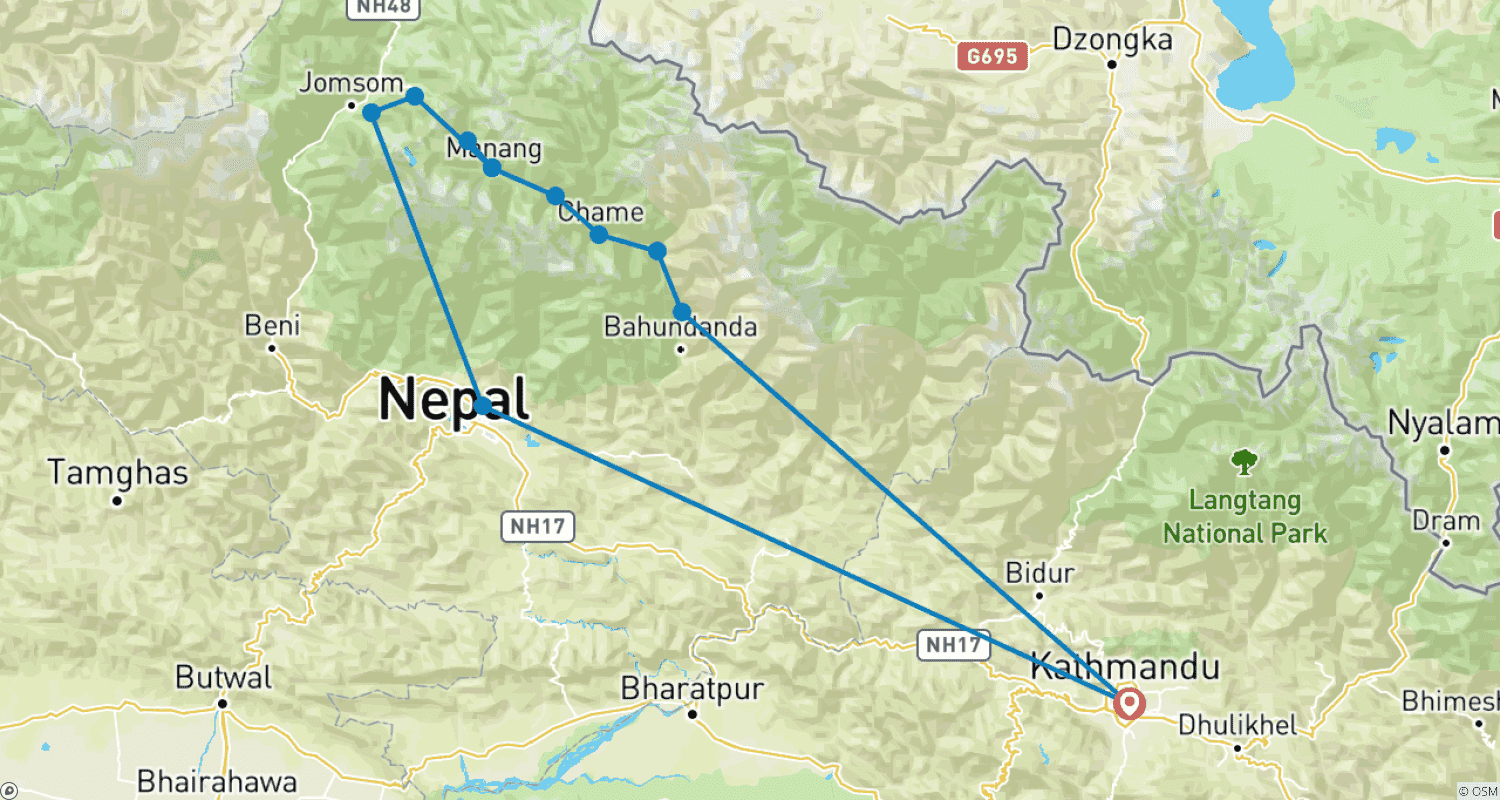 Mapa do percurso de Caminhada do Circuito Annapurna
