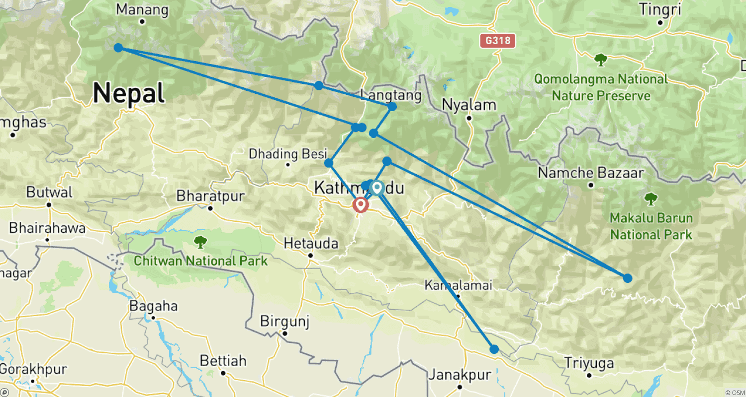 Mapa do percurso de 09 dias - Caminhada Langtang e Gosainkunda