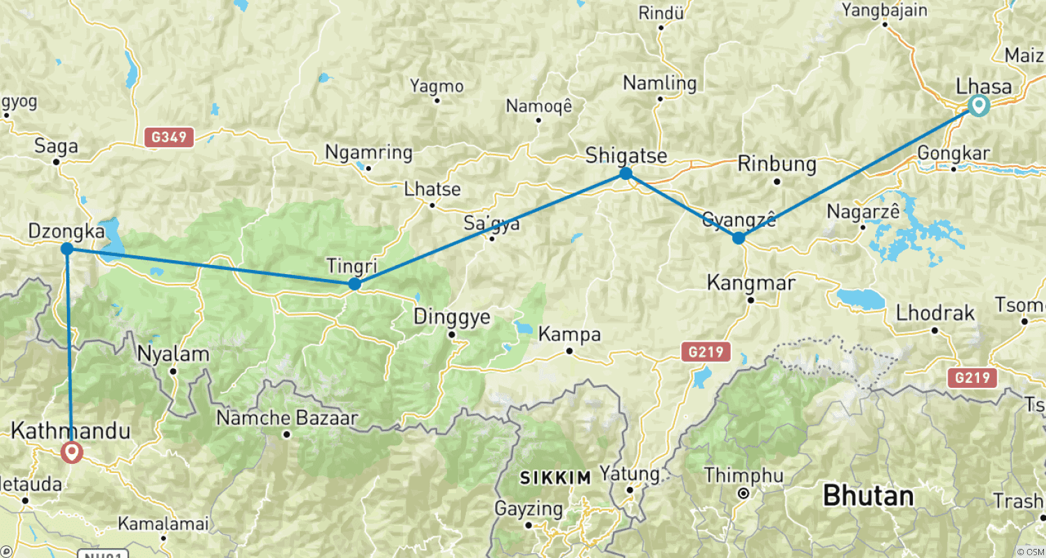 Mapa do percurso de Excursão de 08 dias de Lhasa ao Acampamento Base do Everest e viagem de carro para Kathmandu via Kerung
