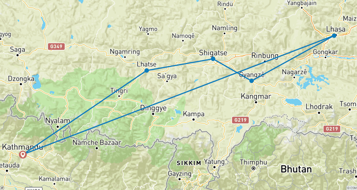 Mapa do percurso de 08 dias Kathmandu - Acampamento Base do Everest - Lhasa - Tour Terrestre no Tibete