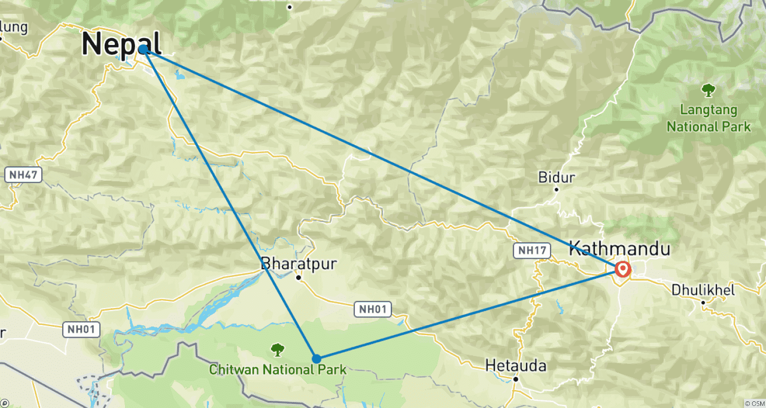 Mapa do percurso de Viagem de Luxo ao Nepal (Kathmandu, Pokhara & Chitwan)
