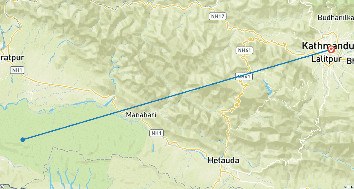 Mapa do percurso de 03 dias Safari na Selva de Chitwan