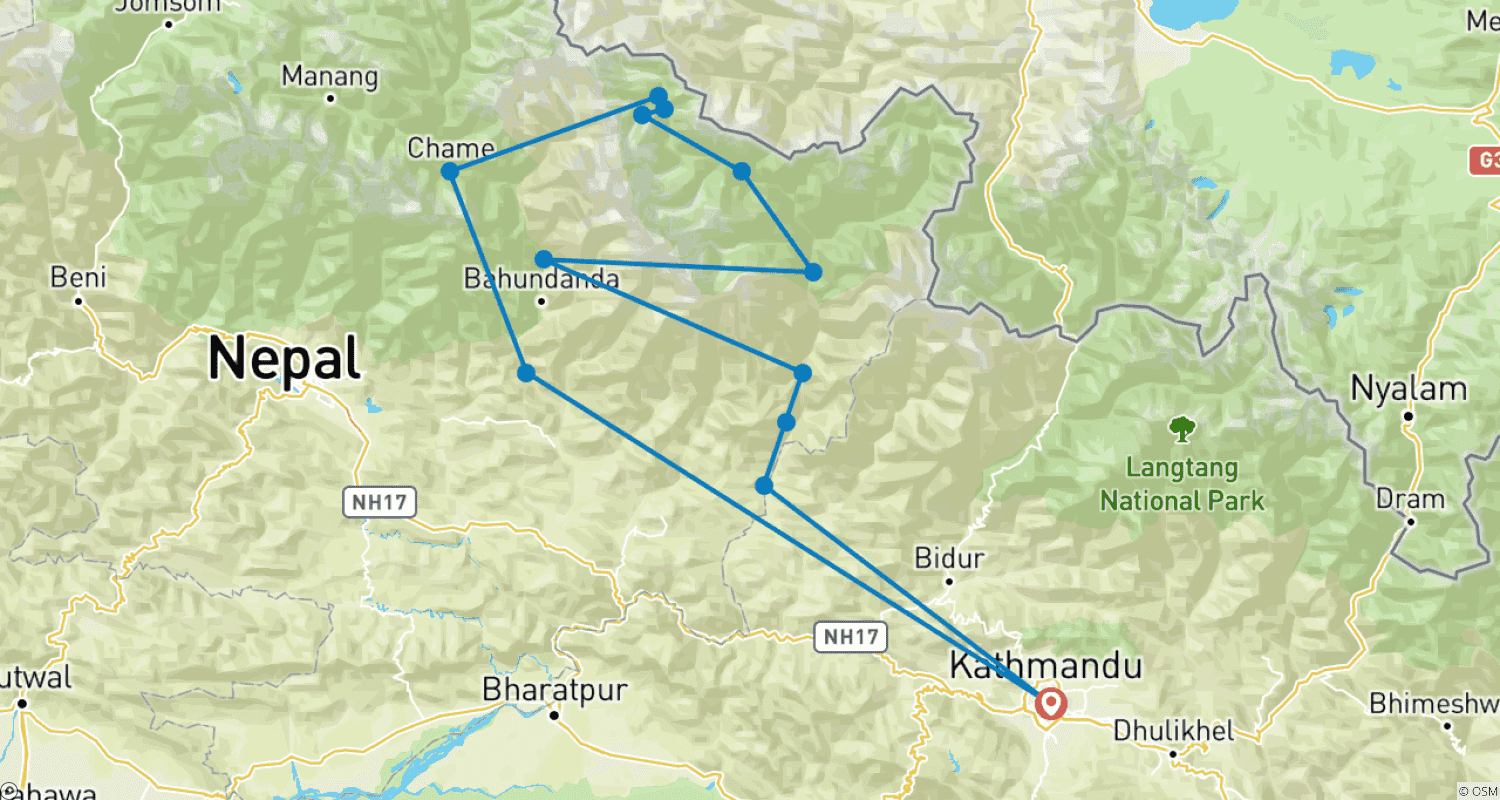 Mapa trasy: Trekking po Manaslu Circuit