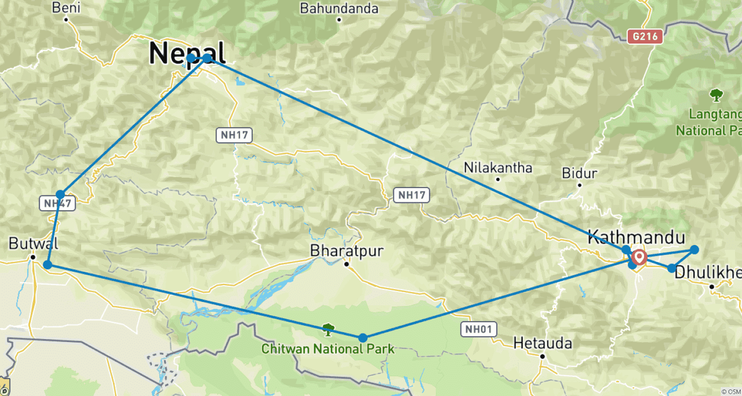 Mapa do percurso de Explore o Nepal - 10 Dias