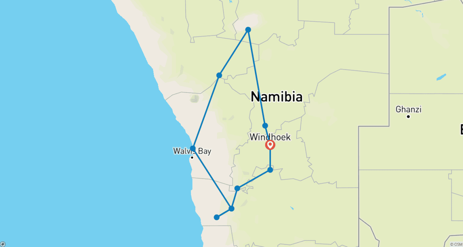 Mapa trasy: 15 Day Dunes , Wildlife and Surfing Adventure