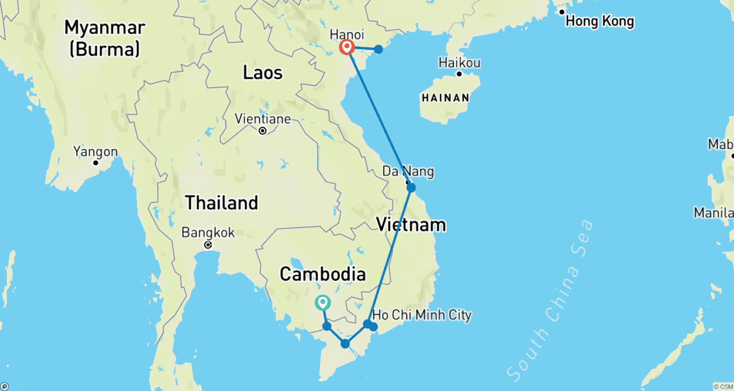 Mapa do percurso de A Passagem do Mekong: De Phnom Penh a Hanói em 10 Dias