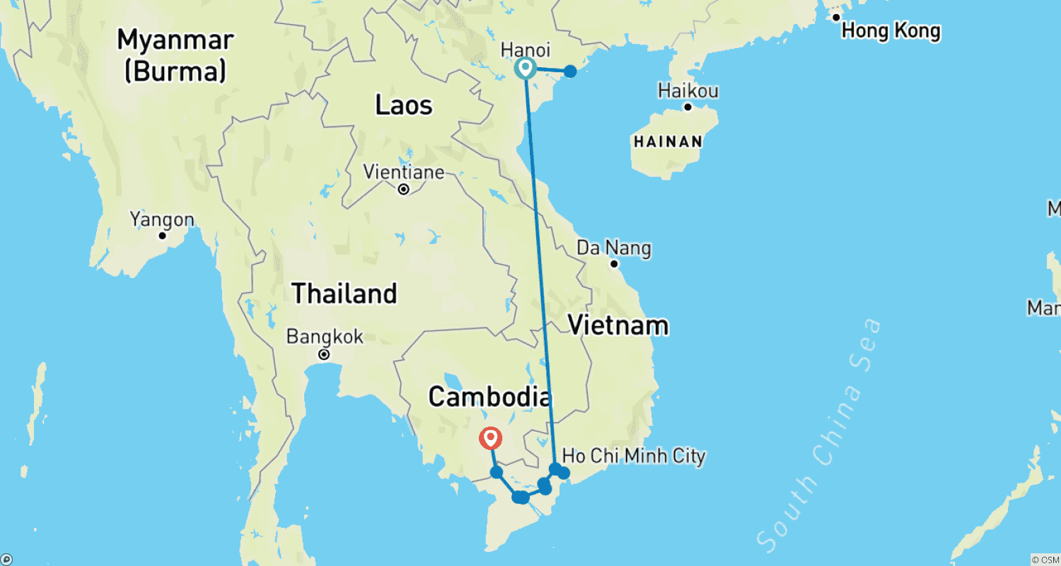 ハノイからプノンペンへ：8日間の文化の旅のルートマップ