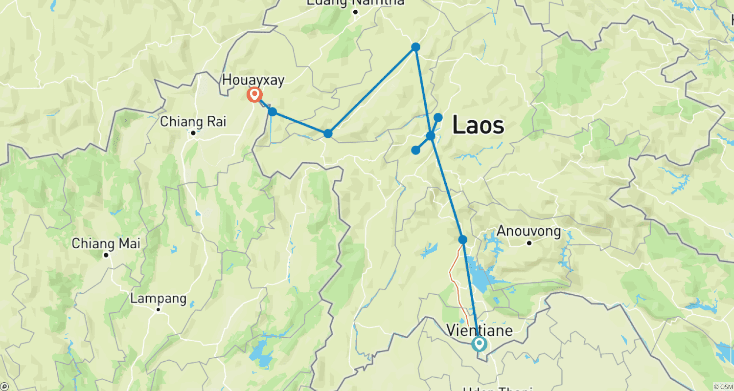 Mapa do percurso de Aventura Transfronteiriça: De Vientiane a Chiang Rai em 9 Dias