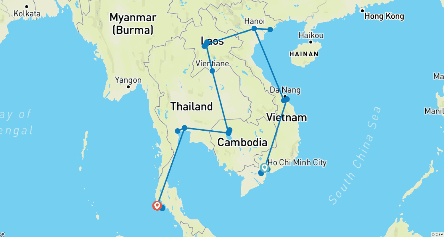 Mapa do percurso de Explore o Sudeste Asiático: Uma Viagem por Vários Países de 22 Dias