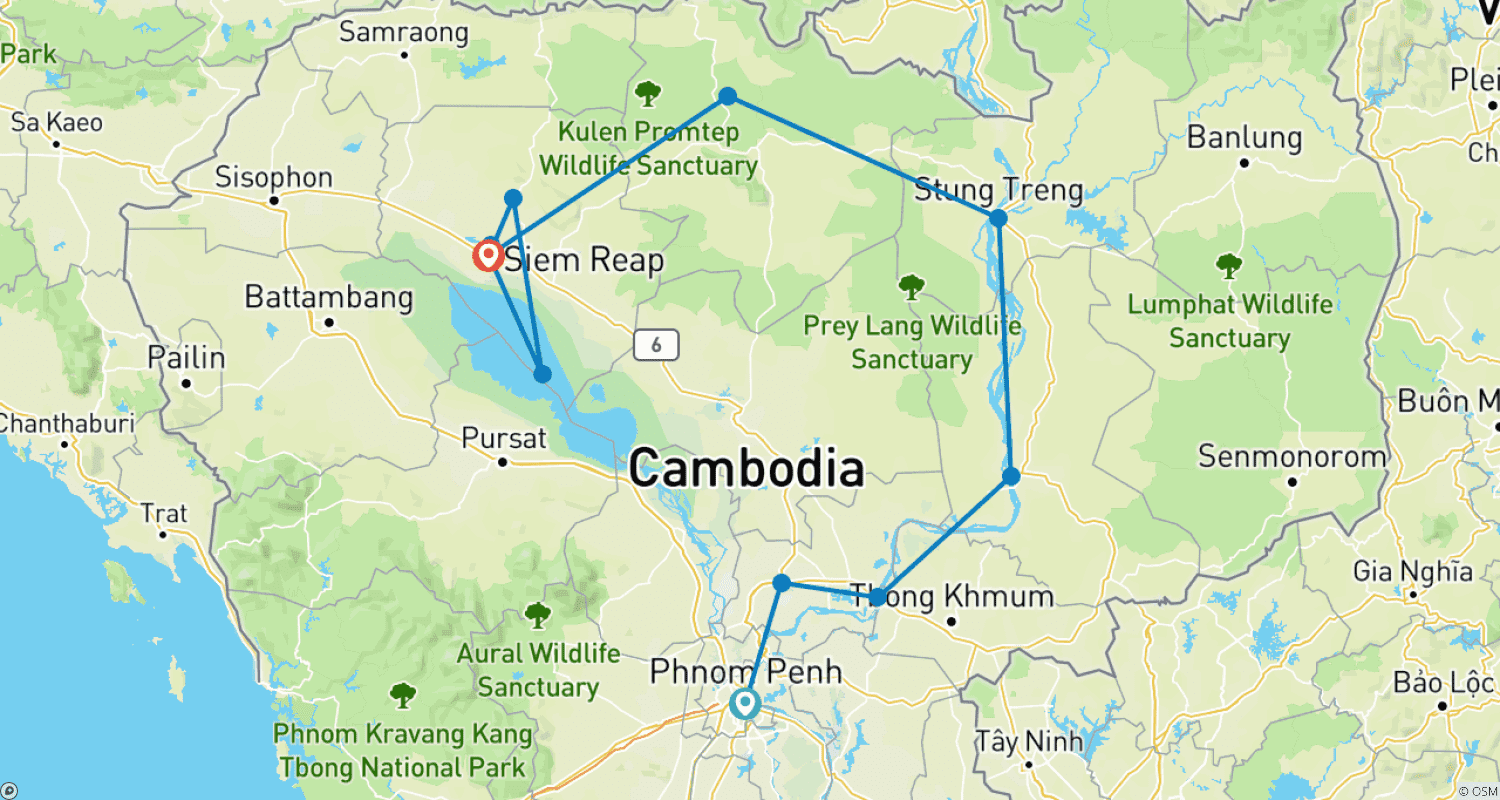 Mapa trasy: Podróż wzdłuż Mekongu do Angkoru – wycieczka 9-dniowa