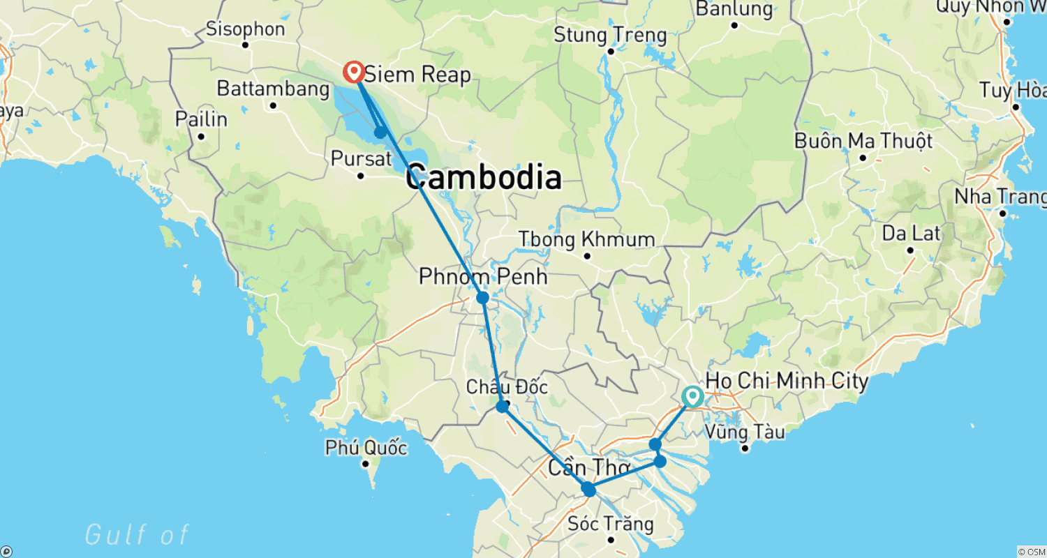 Mapa do percurso de Descubra o Delta do Mekong e Angkor Wat: Uma Expedição Cultural de 7 Dias